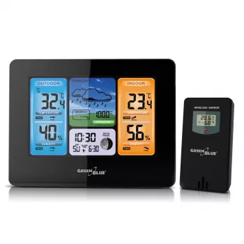Digitálna meteostanica GreenBlue GB526 čierna — vnútorná -20…60°C, vonkajšia -40…70°C, vlhkosť -20…95%, hodiny, fáza mesiaca
