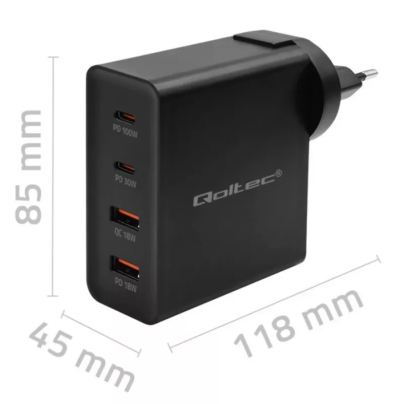 Qoltec GaN POWER PRO nabíjačka | 2xUSB-C | 2xUSB | 130W | 5-20V | 1.5-5A | XP | čierna