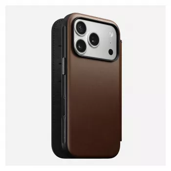 Kožené folio puzdro na telefón Nomad Modern Leather Folio pre iPhone 17 Pro – hnedé, vhodné pre 6,3 palcov (16 cm), 4 priehradky na karty