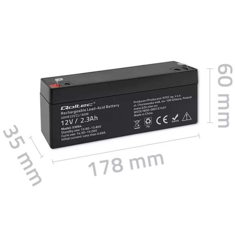 Zapečatená AGM batéria QOLTEC 12V 2,3Ah pre UPS a záložné systémy, max. vybíjanie 34,5A
