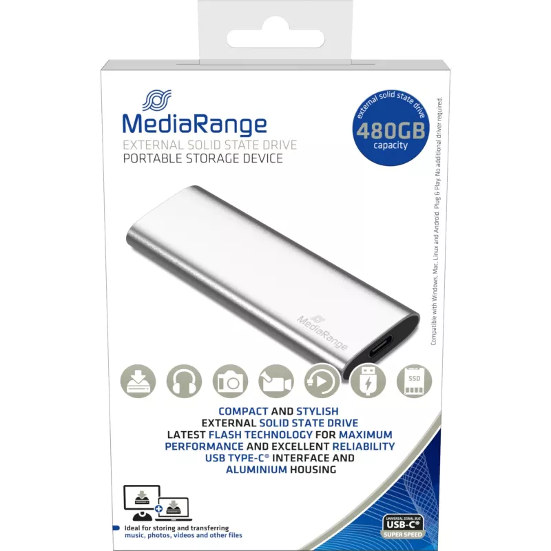 MediaRange MR1102 - SSD - 480 GB - externý (prenosný) - USB 3.2 Gen 2 (USB-C konektor) - strieborná (MR1102)