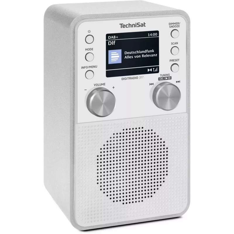 Digitálne rádio TECHNISAT DigitRadio 317 biele — príjem FM a DAB+, kompaktný stolný dizajn
