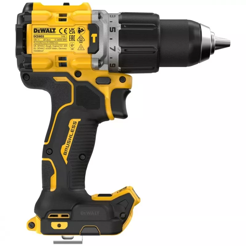 Vŕtačka s pištoľovou rukoväťou DeWalt DCD805NT-XJ — 18 V bezuhlíková, 2000 ot/min, 90 N·m, skľučovadlo 13 mm, 1,34 kg