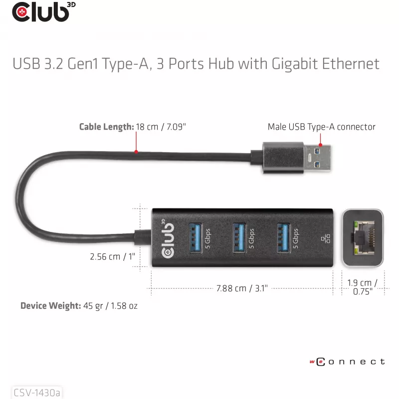 USB hub CLUB3D USB 3.2 Gen1 Type-A s 3 portami a Gigabit Ethernet