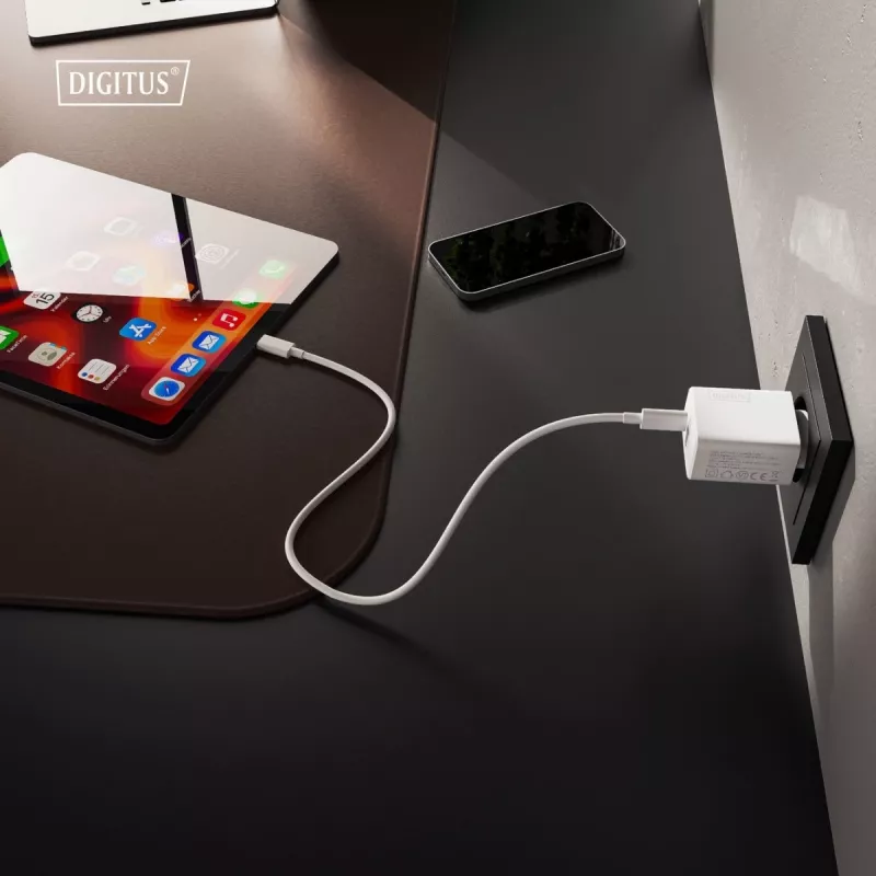 AC Indoor USB GaN nabíjačka DIGITUS DA-10301 — 30W, 1× USB-C, 1× USB-A, 100–240V, biela