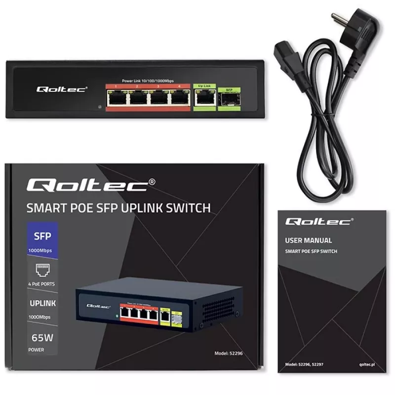 Ethernet PoE switch QOLTEC 52296 — 4x RJ45 PoE porty, 1x RJ45 uplink