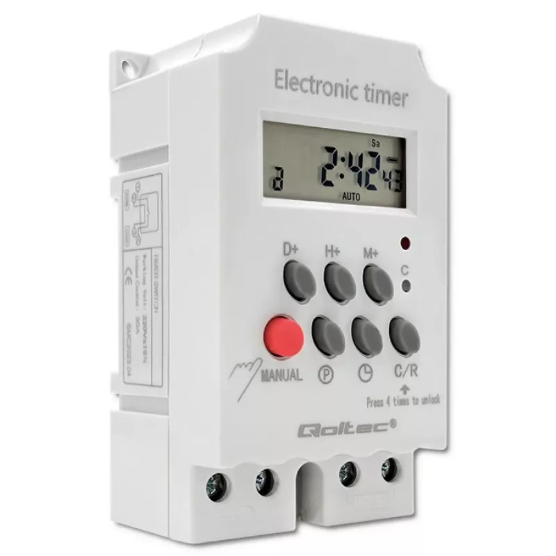 Elektronický časový spínač na DIN lištu QOLTEC PC0629 — napájanie 24V, výstup 16A