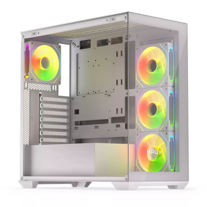 PC skriňa KRUX Exo Midi Tower, ATX/micro-ATX/mini-ITX, 2x tvrdené sklo, USB-C, 4 ventilátory 120 mm, 2 pozície 3,5 palca + 2 pozície 2,5 palca, grafická karta do 40,5 cm, biela