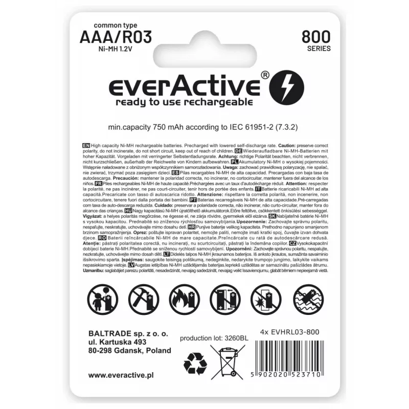 Nabíjacie AAA NiMH batérie everActive EVHRL03-800 – 1,2 V, 4 ks, valcové 44,5×10,5 mm