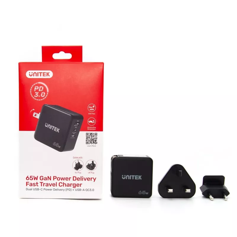 Unitek P1117B USB-C PD 65W univerzálna mobilná nabíjačka, 2x USB‑C PD + 1x USB‑A, čierna