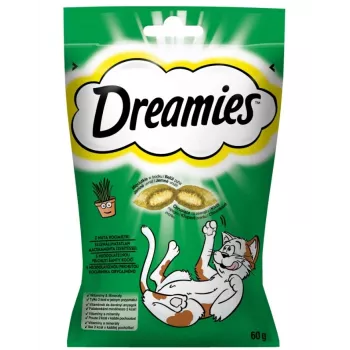 Mačacie maškrty Dreamies s mačacou mätou 60 g – chrumkavé mäsové maškrty do úst, 22 % proteín, 22 % tuk, 2 % hrubá vláknina
