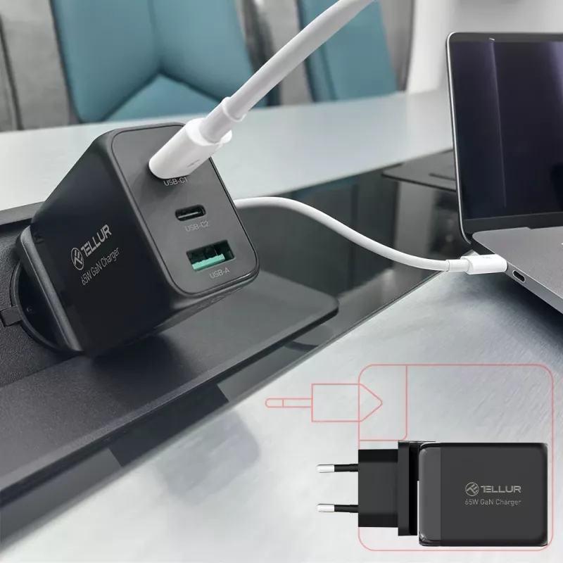 Nástenná nabíjačka Tellur TLL151451 65W, 3-port (2x USB-C, 1x USB-A)