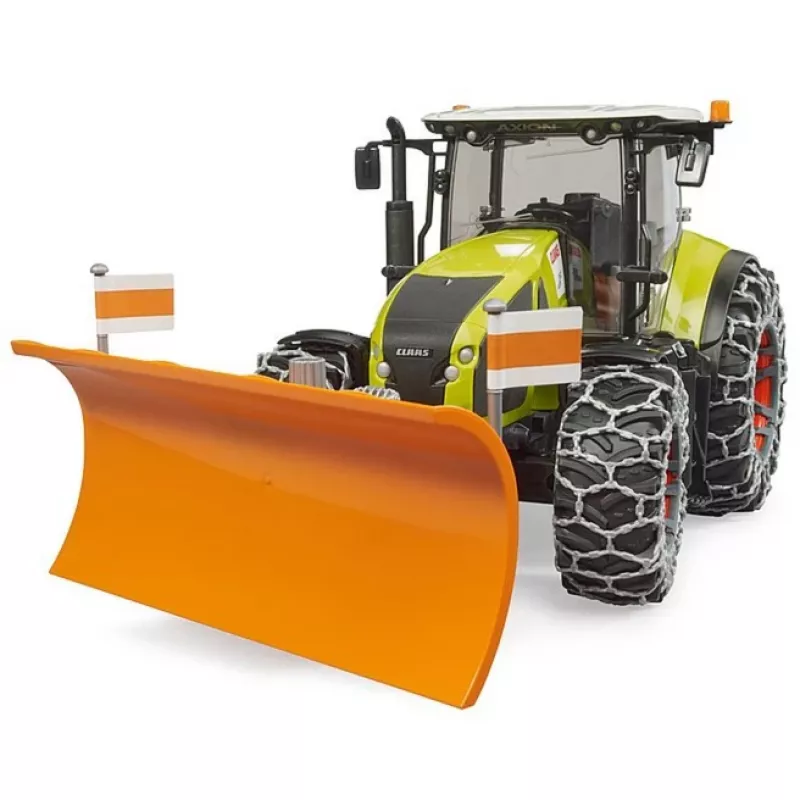 Hračkársky traktor BRUDER Claas Axion 950 s snehovými reťazami a snežným pluhom, model v mierke