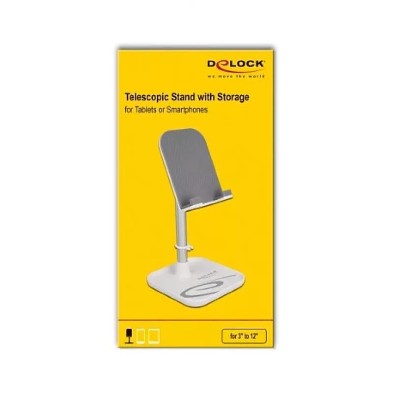 DeLOCK teleskopický stojan na smartphone a tablet s odkladacou plochou, strieborný/biely