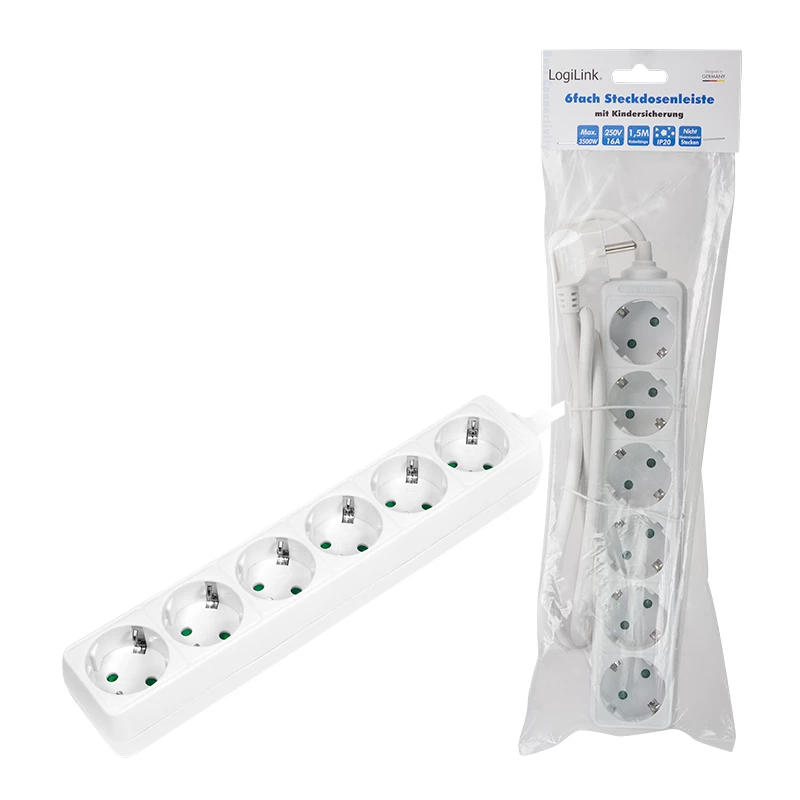 Predlžovací napájací kábel LogiLink LPS238 1.5m 6 AC zásuviek interiérový biely