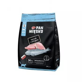 Suché krmivo pre mačky Pan Miesko Kura s pstruhom S, kompletné suché krmivo, 400 g, 39 % bielkovín, 16 % tukov