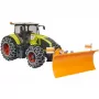Hračkársky traktor BRUDER Claas Axion 950 s snehovými reťazami a snežným pluhom, model v mierke