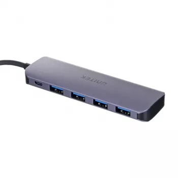 USB hub Unitek P5+ — 5 portov (4 × USB 3.2 Gen 2 Type-A), USB 3.2 Gen 1 host, 5 Gbit/s, 10 W PD, hliník, sivá