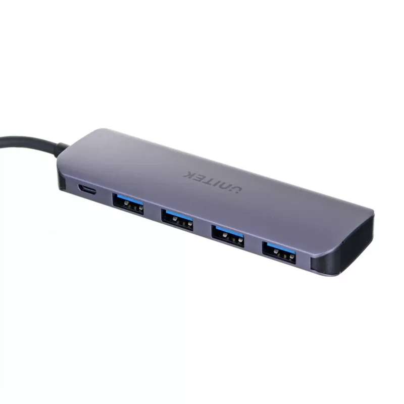 USB hub Unitek P5+ — 5 portov (4 × USB 3.2 Gen 2 Type-A), USB 3.2 Gen 1 host, 5 Gbit/s, 10 W PD, hliník, sivý