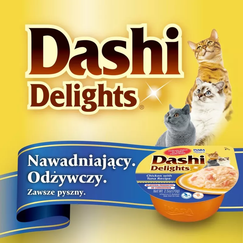 Mačacie maškrty INABA Dashi Delights kura a tuniak vývar, 70 g vrecko, bez obilnín, bez lepku, bez sóje