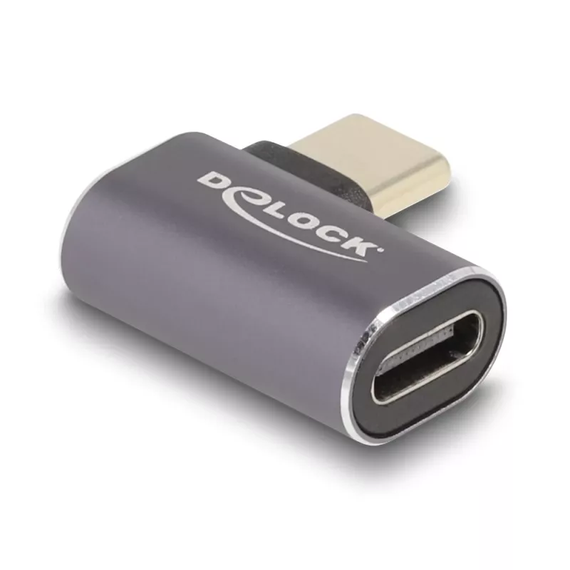 DeLOCK USB adaptér 40 Gbps USB Type-C PD 3.0 100 W konektor samec na konektor samica zahnutý vľavo/vpravo 8K 60 Hz kov