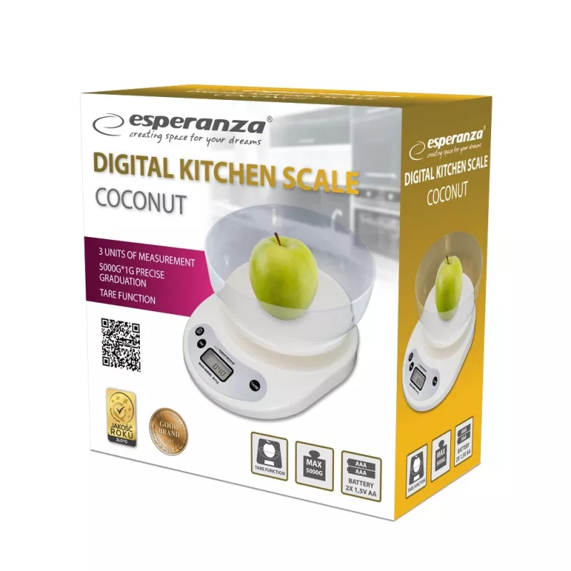 Elektronická kuchynská váha ESPERANZA EKS007 — kapacita 5 kg, presnosť 1 g, biela