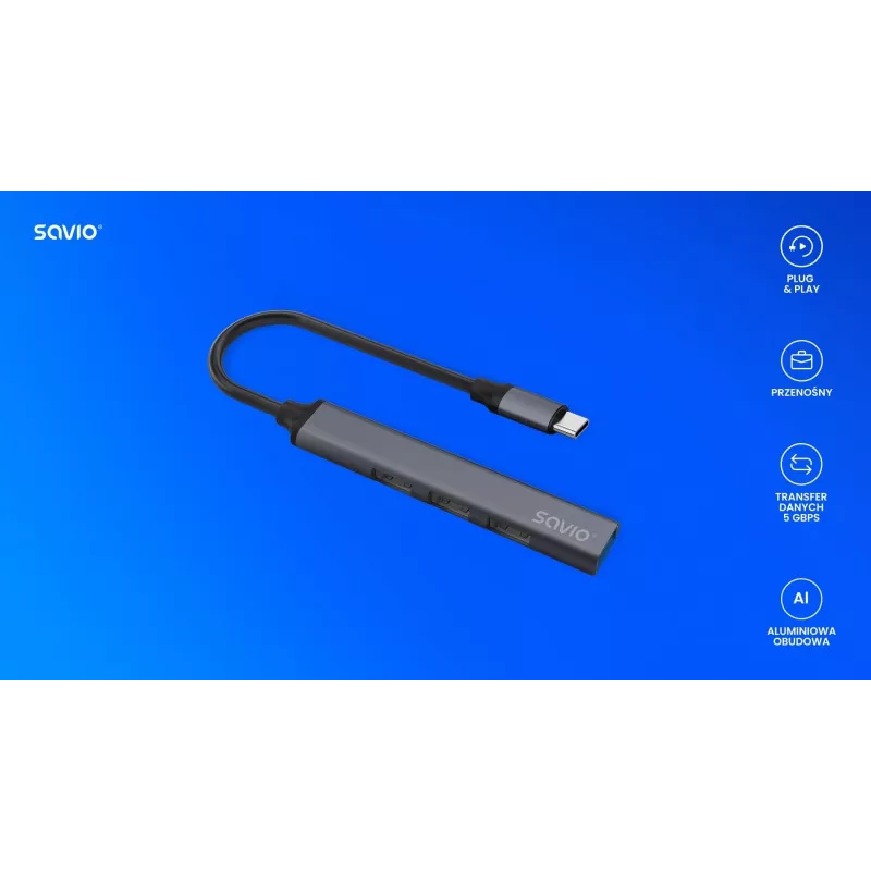 USB 3.0 4-portový hub SAVIO AK-71 s USB-C host, 5000 Mbit/s, 2 roky záruka