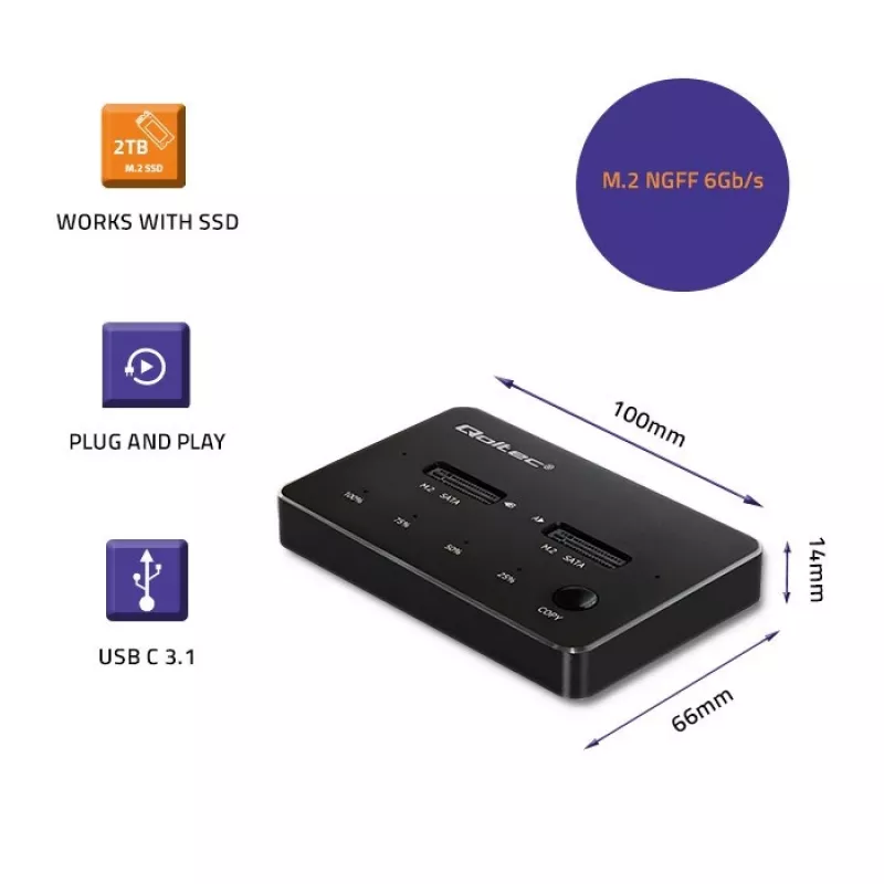 Qoltec 50310 dokovacia stanica 2x SSD M.2 SATA NGFF USB Type-C