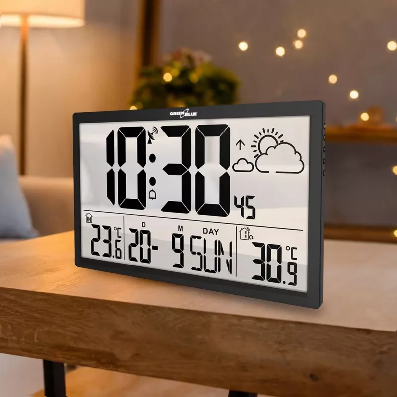 Nástenné hodiny GreenBlue GB218 — extra veľký LCD, meteorologická stanica, vnútorné/vonkajšie teploty, zobrazenie dátumu