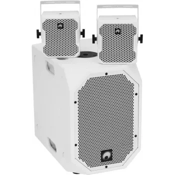Sada aktívnych reproduktorov Omnitronic BOB-10A ws s 2x BOB-4 ws – aktívny hlavný reproduktor BOB-10A a dva satelity BOB-4, kompaktné aktívne PA reproduktory