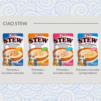 Vlhké krmivo – maškrty pre mačky INABA Ciao Stew kura a mušľa svätojakubská vrecúško 40 g – bez obilnín, dospelé, mäsové