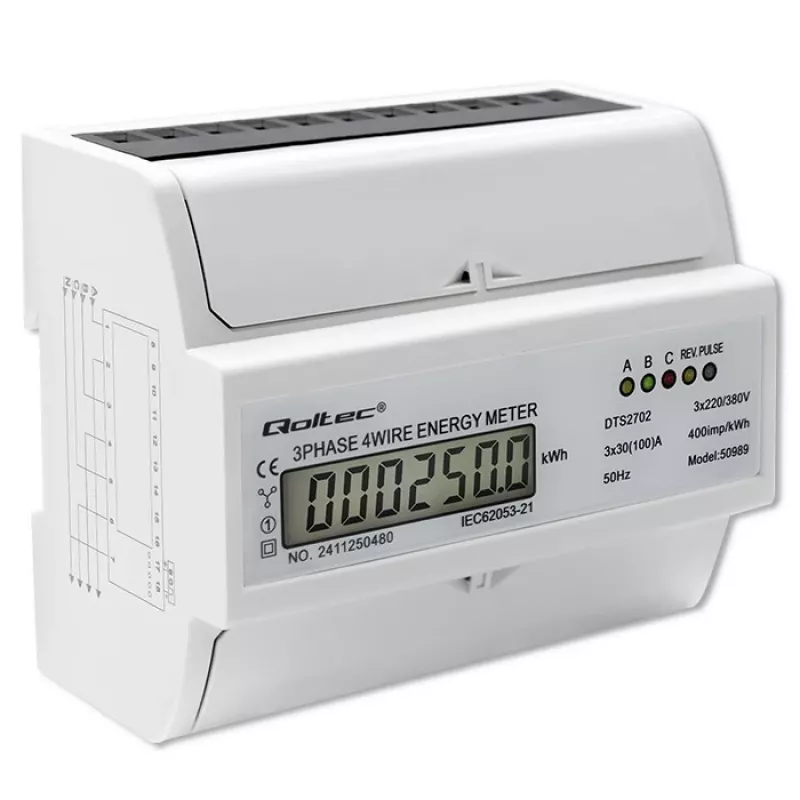 Qoltec trojfázový obojsmerný elektronický merač | DIN lištový merač spotreby energie | 400V | 100A | LCD | 4P