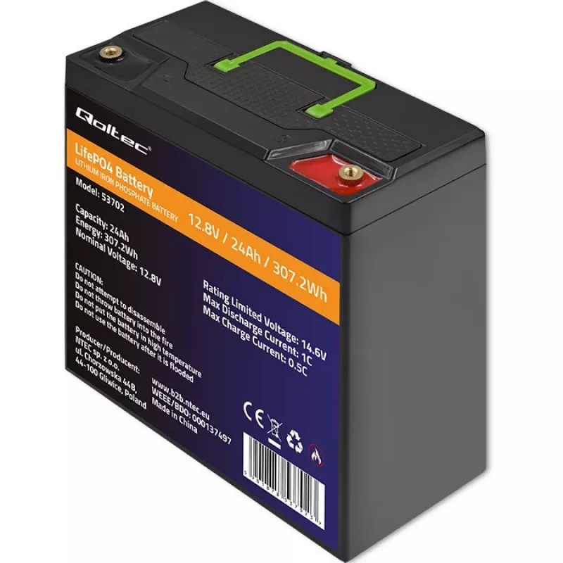 Qoltec 53702 LiFePO4 lítium-železofosfátová batéria | 12,8V | 24Ah | 307,2Wh | BMS