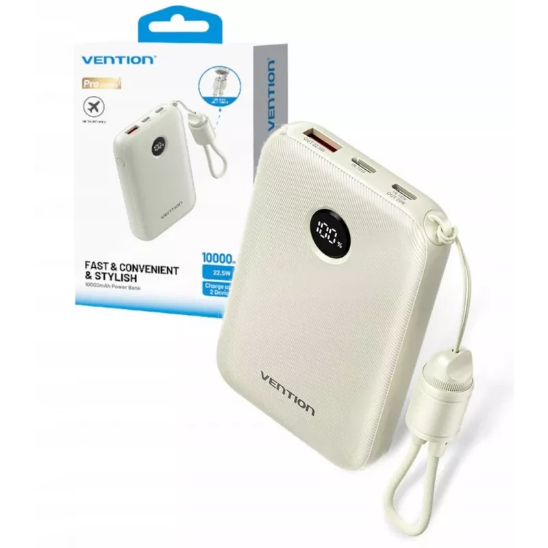 Powerbank Vention FKAN0-C 10000 mAh — 2× USB-C, 1× USB-A, 22,5 W, béžová