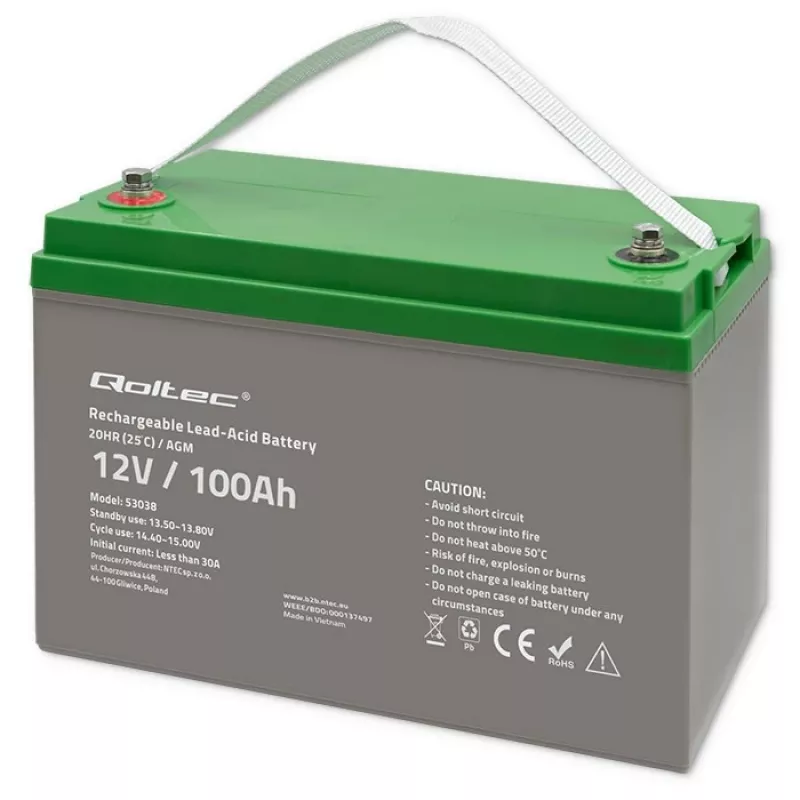 Qoltec 53038 AGM batéria | 12V | 100Ah | max 1200A