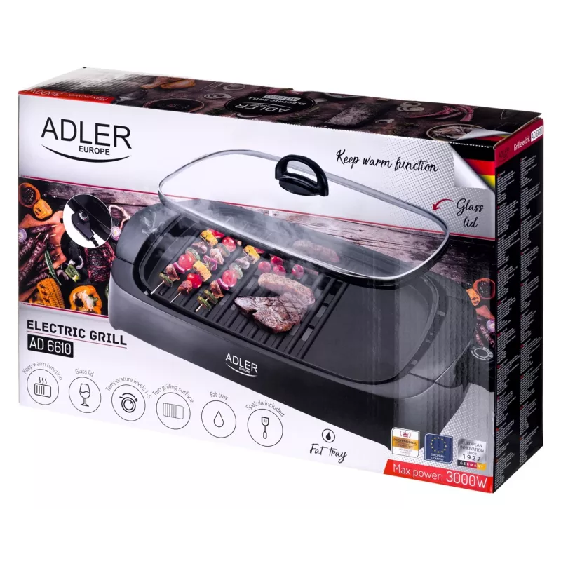 Stolný elektrický gril Adler AD 6610, 3000 W, čierny, obdĺžnikový dual-zónový rošt+platňa
