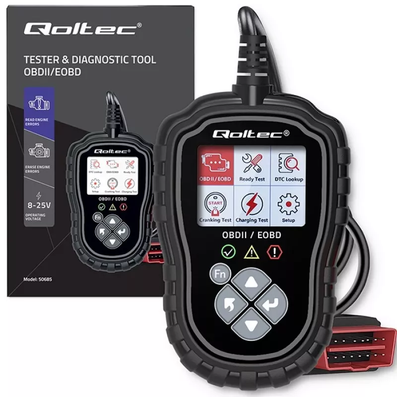 OBDII diagnostický tester QOLTEC ProLine 50685 — automobilový OBD-II skener pre 8V/25V systémy