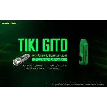 Prívesková baterka Nitecore TIKI GITD sivá — USB nabíjateľná, 1 lm, 55 mm, 12 g, IP66