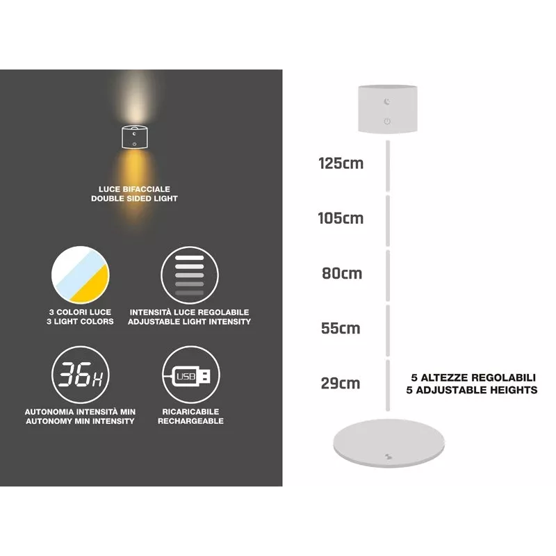 Beper P201UTP305 nabíjateľná LED lampa s nastaviteľnou výškou, stojaca a na montáž na stenu, 2,3 W, stmievateľná, biela