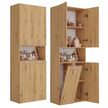 Kúpeľňová skrinka Top e shop NEL 1K DK ART KPL, dubový rám, 600×300×1740 mm, 5 políc, voľne stojaca