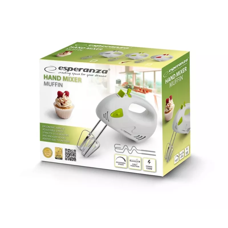 Ručný mixér ESPERANZA EKM007G — 150 W, 7 rýchlostí, metlička, ergonomická rukoväť, 1,1 m kábel, zelená/biela