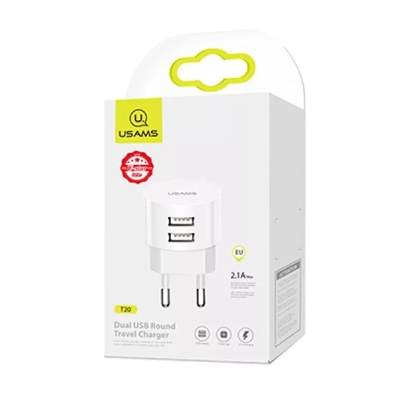 USAMS US-CC080 T20 okrúhla cestovná nabíjačka, 2x USB, 5 V 2,1 A, 10 W, biela