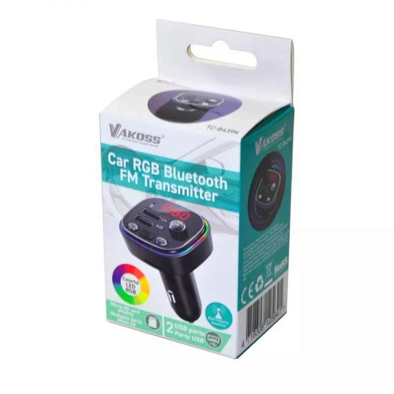FM vysielač VAKOSS TC-B439K Bluetooth USB, 87,5–108 MHz, prehrávanie microSD/USB, 5V/3,1A výstup, RGB displej