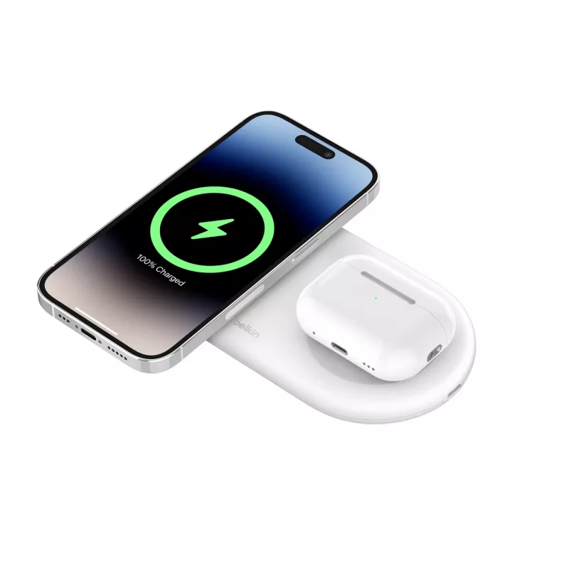 Belkin WIZ021VFWH – 2-in-1 bezdrôtová nabíjacia podložka s technológiou Qi2 15 W, biela