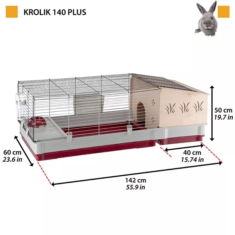 Klietka Ferplast Krolik 140 Plus pre králiky, sivá/červená, B1420×T600×H500 mm, kov/plast