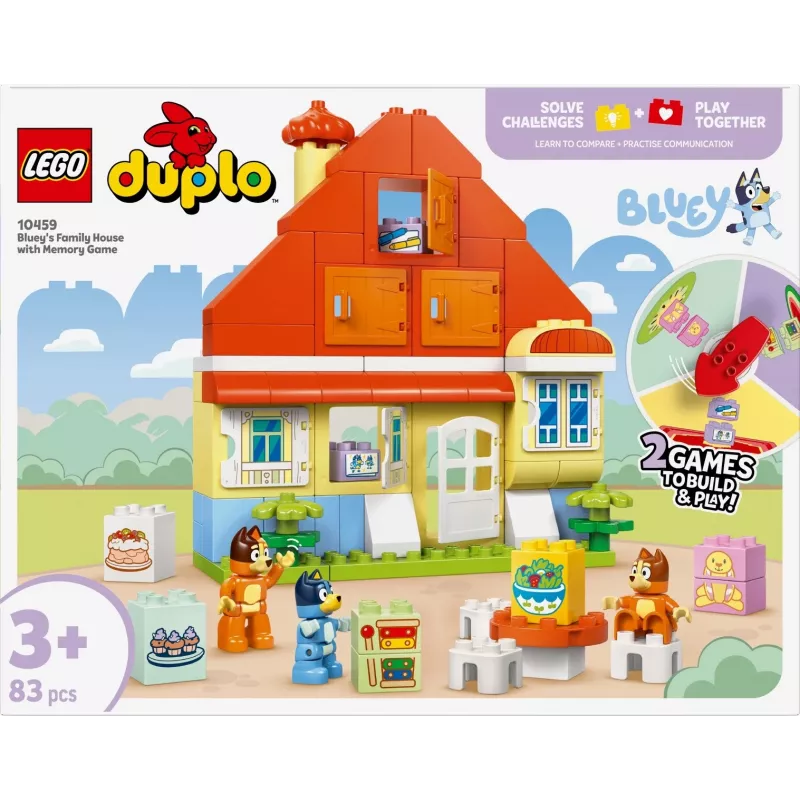 Stavebná hračka LEGO Bluey Rodinný dom s pamäťovou hrou 10459 — 83 dielov, 3 minifigúrky, vek 3+