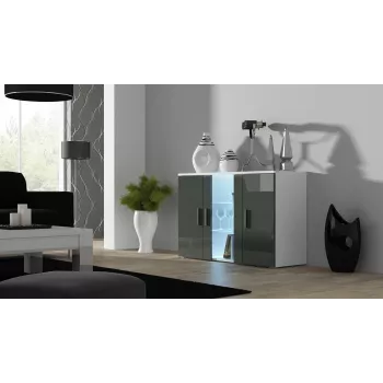 Komoda cama meble SOHO S7, 120 cm, biela/sivá vysoký lesk, 3 dvere, 4 police