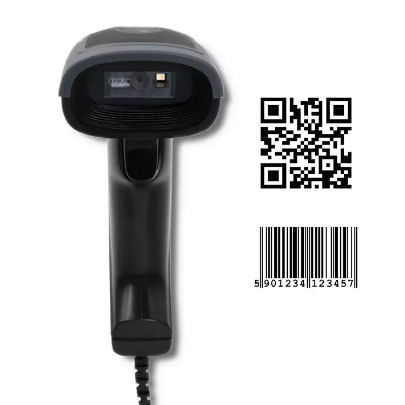 Ručný čítač čiarových kódov QOLTEC 50863 — 1D/2D skener, USB káblový, LED senzor, čierny, 5V, 1,8 m kábel