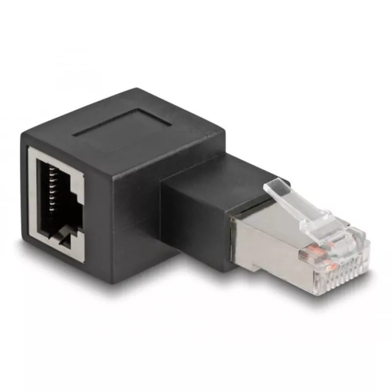 DeLOCK RJ45 konektor samec na RJ45 konektor samica adaptér Cat.6A 90° doľava zahnutý čierny