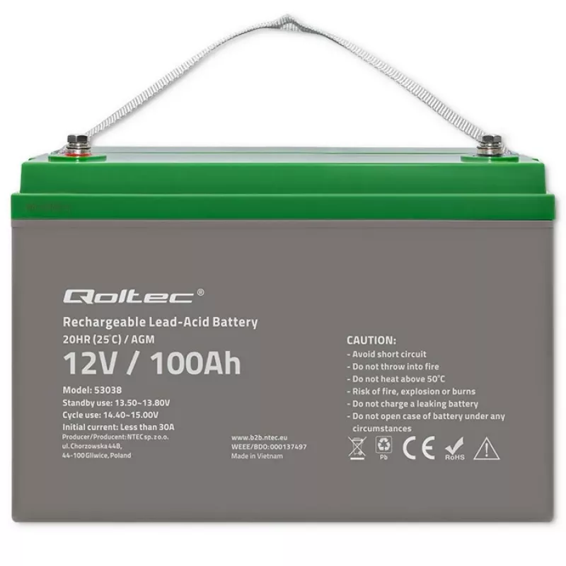 Qoltec 53038 AGM batéria | 12V | 100Ah | max 1200A